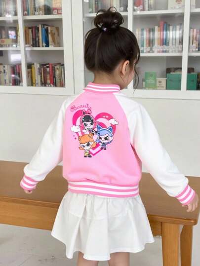 Elladie kids 女孩可爱图案印花棒球夹克休闲运动外套长袖前开襟飞行员夹克，适合春秋季户外