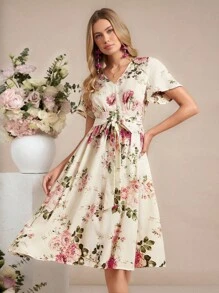 Amorya 浪漫碎花夏季休闲优雅粉色连衣裙，女士外出、度假、下午茶、上学穿搭、夏季连衣裙、婚礼宾客礼服、度假装、粉色连衣裙、生日装、女士连衣裙