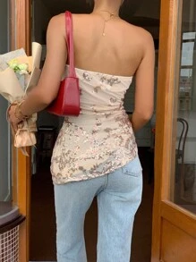 SHEIN Frenchy 女士花卉亮片褶饰迷人时尚抹胸上衣