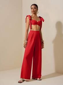 Zivah 海滩新款春夏休闲度假蝴蝶结肩带裹胸心形领短款上衣+阔腿超长裤杏色女两件套Se，纹理面料材质 - 紅色 - 查看 6