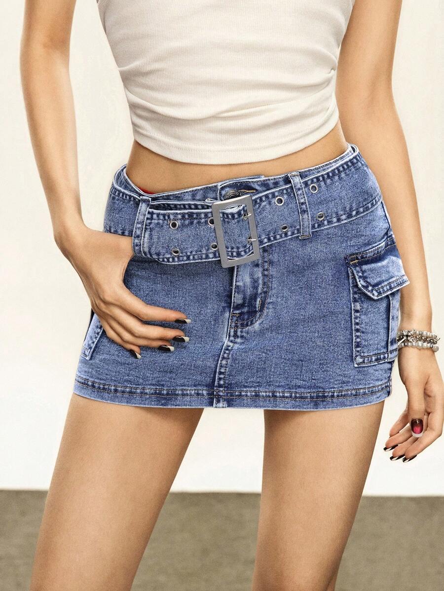 Rina Fox 女士时尚休闲性感修身迷你牛仔裙 - 淺色水洗藍 - 查看 1