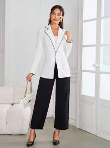 Ellevyn Women's Notch Collar Long Sleeve White With Black Trim Elegant Versatile Autumn/Winter Fitted Blazer Fall/Winter Women Clothes Business Casual Woman Teacher Clothes Fall Clothes For Women Business Casual Woman - White - View 2