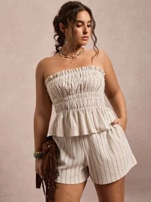 SHEIN VCAY Plus Size Vacation Casual Striped Bandeau Top And Shorts 2 Pieces Set Plus Size Tube Tops Plus Size Two Piece Set Plus Size Short Sets Plus Size Summer Sets Birthday Outfits For Women Lounge Sets For Women Back To School Fall Women Clothes Teacher Outfits For Women School Teacher Country Concert Outfit Western Boho Rave Outfits Vintage 2000s Style Fall Clothes Plus Size Country Old Money Bohemian Clothes For Women Casual Autumn