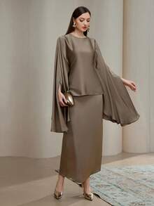 Veilorie Women's Solid Color Poncho Top & Skirt Arabic Style Set Elegant Two Piece Set Modest Two Piece Set Dress Modest