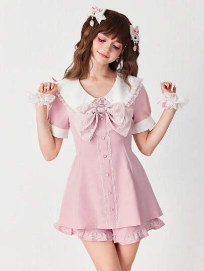Kawaii Conjunto de 2 piezas de verano para mujer con cuello Peter Pan, mangas cortas, volantes y lazo en contraste de color