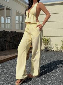 SHEIN PETITE Blue & White Striped Linen Fabric Deep V-Neck Halter Backless Crop Top And Low Waist Drawstring Tie Pocket Wide Leg Pants Two Pieces Set, Vacation Beach Sexy Casual Everyday Wear, Petite Summer - Yellow - View 6