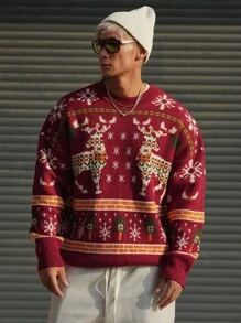 DAZY 秋季男士休闲鹿纹落肩长袖针织毛衣，圣诞节 - 彩色 - 查看 11