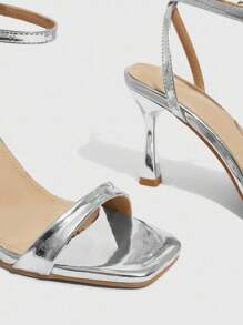 CUCCOO SZL 女士时尚银色简约踝带高跟方头凉鞋，适合通勤、约会和派对 - 銀色 - 查看 9