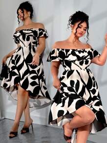 Elenzga 大码优雅花卉印花露肩连衣裙，夏季