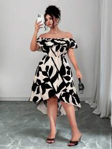 Elenzga 大码优雅花卉印花露肩连衣裙，夏季