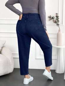 EURMUSE 100%Cotton Plus Size Water Washed Mom Style Jeans - Dark Wash - View 2