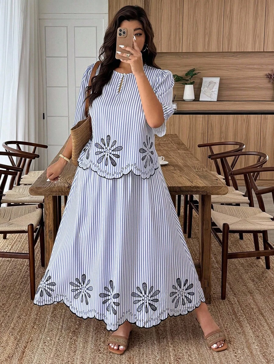 Weeklong Plus Size Vacation Casual Striped Shirt & Skirt 2 Pieces Set - Blue and White - View 1