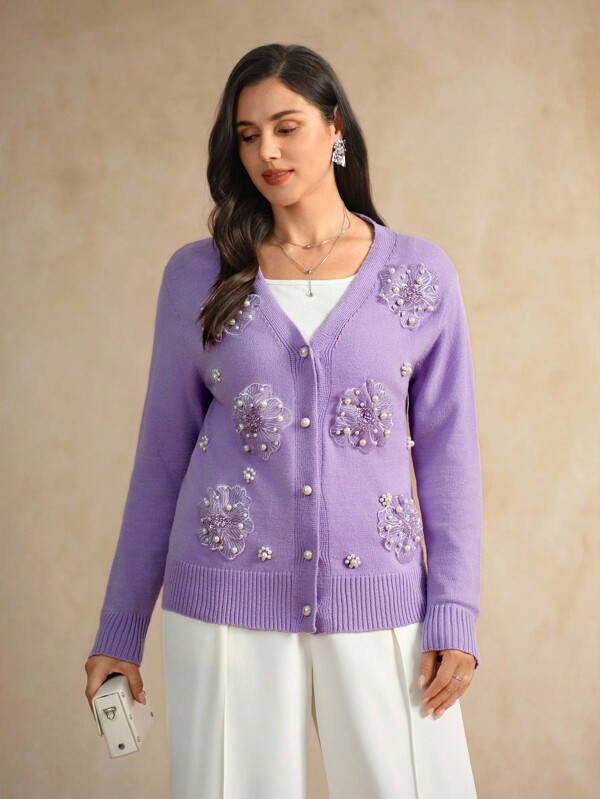 Flouryn Elegante Strickjacke in Große Größen mit Perlen- und Stickerei-Blumenverzierung