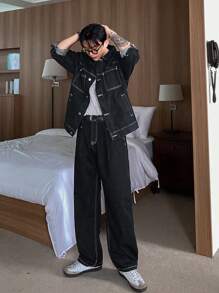 DAZY 男士黑色装饰线条夹克，秋季服装 - 黑色 - 查看 4