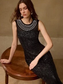 MOTF PREMIUM FAUX PEARL DETAIL CONTRAST SEQUIN COCKTAIL DRESS - Black - View 7