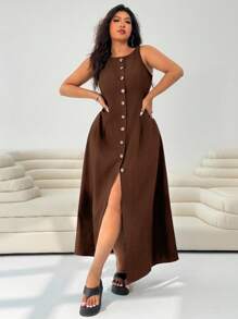 Solflare 大码女式纯色单排扣圆领无袖休闲连衣裙 - 棕色 - 查看 1