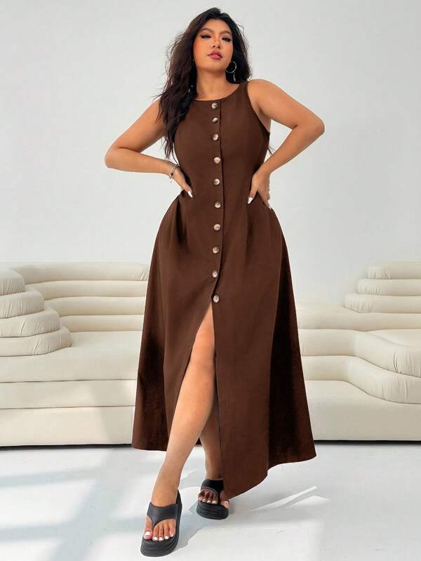 Solflare Vestido casual de mujer talla grande de unicolor, de cuello redondo y sin mangas con abotonadura sencilla