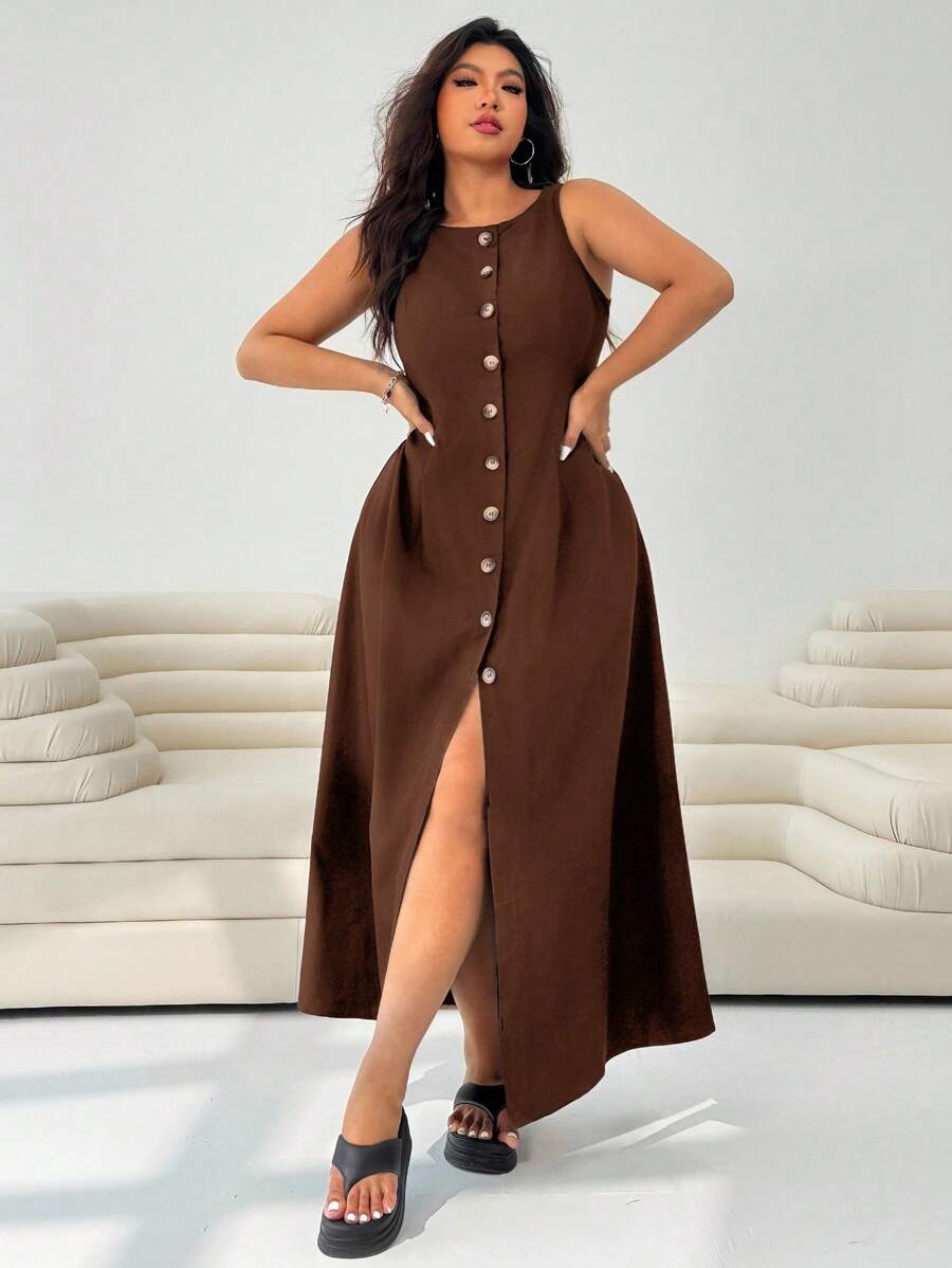 Solflare 大码女式纯色单排扣圆领无袖休闲连衣裙 - 棕色 - 查看 1