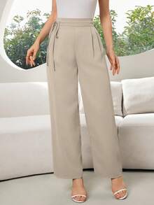 Modelyn 女士纯色侧系腰阔腿宽松休闲裤 - 卡其色 - 查看 4