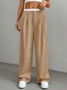 SHEIN EZwear Women's Casual Wide-Leg Striped Suit Pants With Zipper For Everyday Style In Fall/Winter