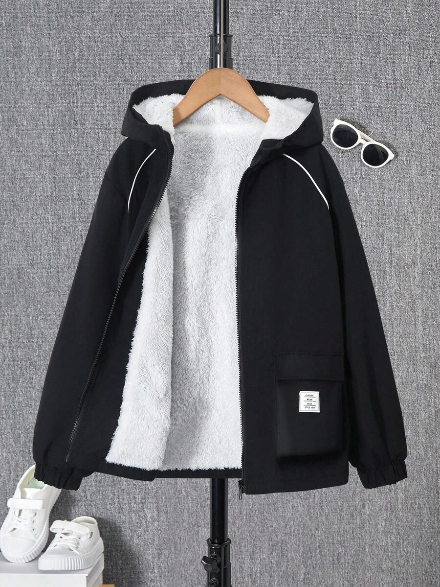 Tween Boys' Casual Street Style 3D Pocket Fleece Hoodie Jacket, Suitable For School And Outings Fall Winter - Black - View 1