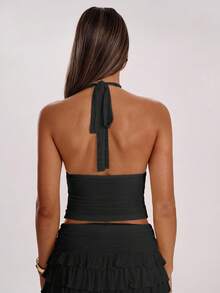 SHEIN BAE Áo hai dây hở lưng xếp ly cổ chữ V sâu màu trơn gợi cảm cho nữ - màu đen - Xem 2