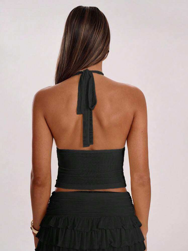 SHEIN BAE Women's Solid Color Deep V-Neck Pleated Fitted Sexy Halter Camisole - Black - View 2