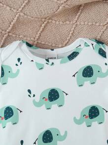 SHEIN 2件套新生儿可爱大象印花白色和蓝色简约长袖连脚连体睡衣 - 綠色 - 查看 3