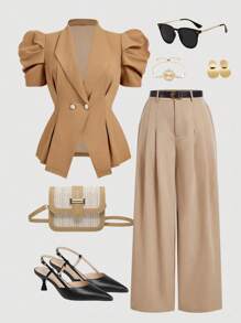 SHEIN MOD بلايزر بأكمام قصيرة مطابق مقاس كبير بتصميم بني كلاسيكي. ملابس كاجوال للعمل. فستان أنيق للمدرسة والمناسبات. قمصان جميلة للخريف. أنيقة وملائمة للعمل - بني - مشاهدة 1