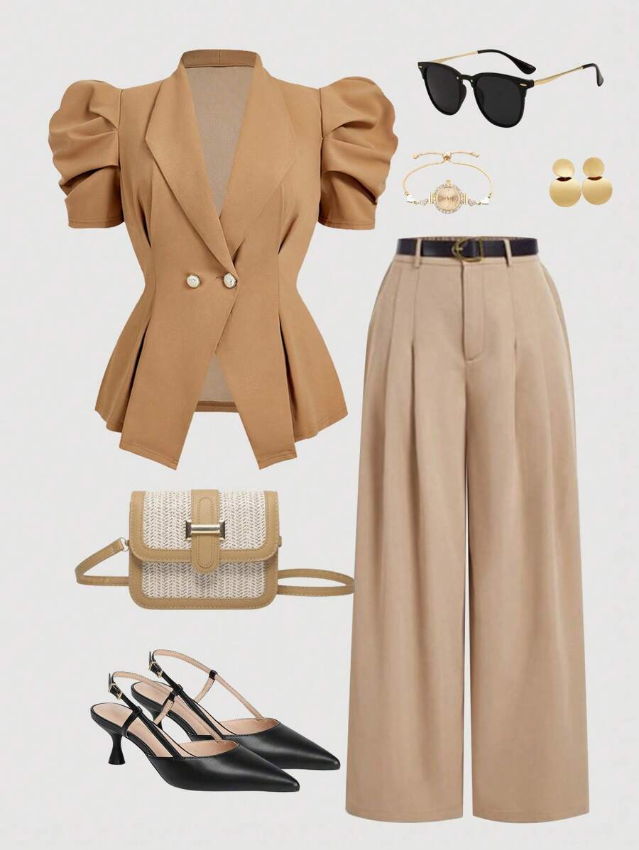 SHEIN MOD بلايزر بأكمام قصيرة مطابق مقاس كبير بتصميم بني كلاسيكي. ملابس كاجوال للعمل. فستان أنيق للمدرسة والمناسبات. قمصان جميلة للخريف. أنيقة وملائمة للعمل - بني - مشاهدة 1
