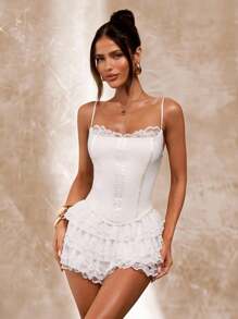 SHEIN BAE 女士纯白色蕾丝拼布透视短款上衣，女士内衣，白色胸罩，情人节胸罩，蕾丝胸罩；多层蕾丝荷叶边下摆迷你裙两件套，春夏 - 白色 - 查看 5