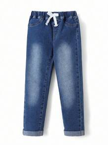 SHEIN Explorewe 3 件套年轻男孩休闲基本款全松紧腰蝴蝶结设计牛仔裤，黑色、蓝色、浅蓝色，仿抽绳装饰，卷边