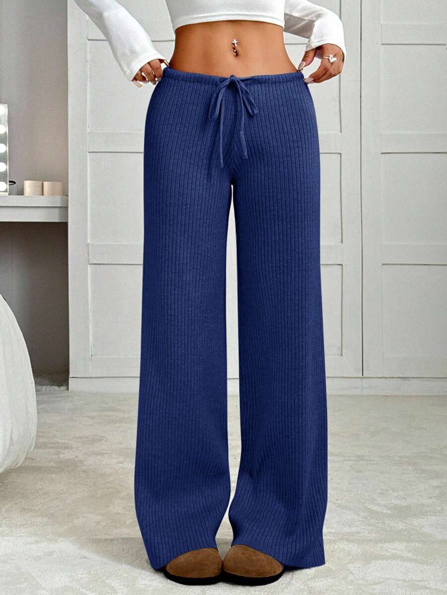 EURMUSE Women's Casual Solid Color Drawstring Waist Ribbed Knit Pants,Burgundy Trousers - Royal Blue - View 1