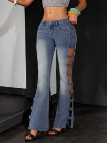 Jeanoix Women's Side Patchwork Flare Leg Casual Jeans, Skinny Flare Jeans Y2k - Medium Wash - View 5