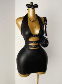 Mistrie Women's New Style Lace-Up Rhinestone Embellished Sexy Leather-Trimmed Velvet-Lined Dress – Perfect For Daily Gatherings, Wild Parties, And Sensual Outfits - Black - View 7