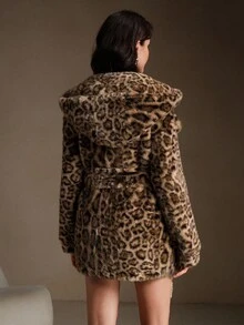 Anewsta Chaqueta de piel sintética con estampado de leopardo y cinturón de cintura suelta - Marrón - Ver 3