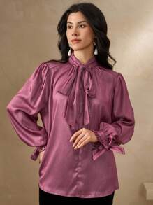 DAZY Women's Elegant Commuter Solid Color Tie Collar Blouse,Fall Women Clothes Long Sleeve Top - Purple - View 3