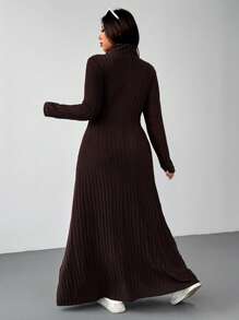 SHEIN EZwear Plus Size Wool Ribbed Texture Turtleneck Casual Maxi Dress, Autumn/Winter - Brown - View 2