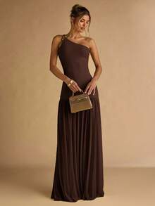 SHEIN BAE 女士杏色不对称肩部金属扣装饰紧身连衣裙，透明下摆，优雅 - 咖啡棕 - 查看 4