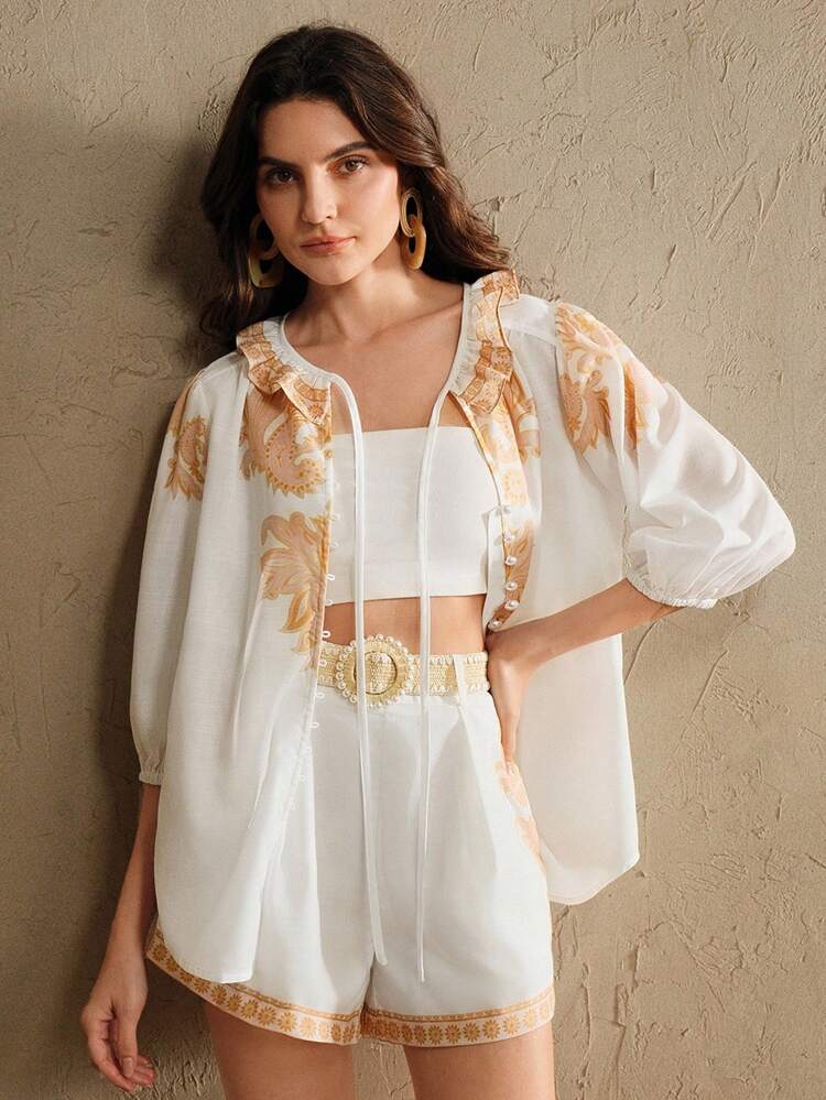 Short femme imprimé numérique avec ceinture, bas polyvalents pour les déplacements, les loisirs et les vacances