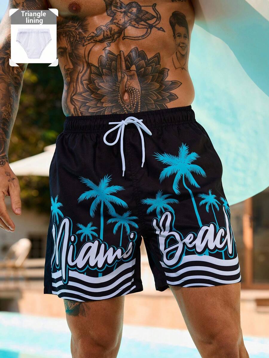 Manfinity Swimmode 男士休闲度假风格棕榈树和字母印花抽绳腰部斜口袋沙滩短裤,夏季 - 黑色 - 查看 1