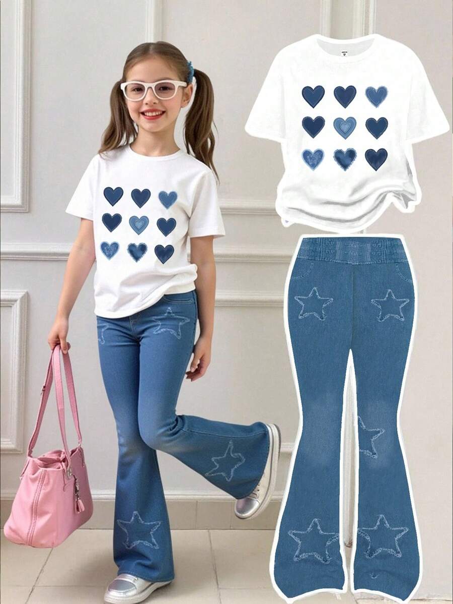 2 件年轻女孩休闲时尚可爱牛仔印花心形图案短袖圆领 T 恤和喇叭裤套装，适合夏季日常外出