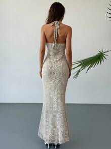 Aloruh Váy thun chấm bi buộc lưng không dây sequin phong cách cổ điển mới, trang phục mặc đi nghỉ dưỡng - Màu Khaki - Xem 2