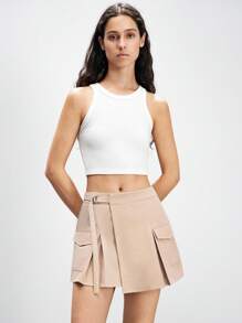 Lumivelle 女式时尚工装风褶裥卡其色迷你裙 女式短裙 休闲装扮 春季大学服装 - 卡其色 - 查看 4