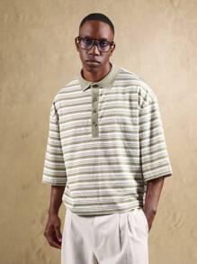 SUMWON Oversized Passform gestreiftes Poloshirt mit klassischem langem Knopfleistendesign, locker, retro, lässig, Wochenende, minimalistisch, atmungsaktiv, moderner urbaner Streetwear - Grün - Übersicht 5