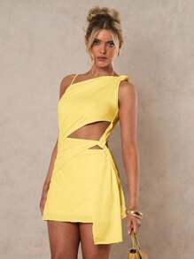 Glamine 黄色不对称镂空褶饰连衣裙，约会夜服装，女士夏季连衣裙，派对连衣裙 - 黃色 - 查看 3