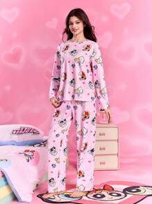 THE POWERPUFF GIRLS X SHEIN 女士宽松花朵、泡泡、毛茛图案长袖上衣和裤子睡衣套装，春秋季、秋冬季服装 - 粉色 - 查看 3