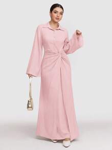 Veilorie 1pc Women's Ultra Long Solid Color Dress, Minimalist Fashion Casual Everyday Wear Modest - Baby Pink - View 4