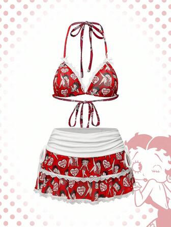 Betty Boop | ROMWE Conjunto de dos piezas con sostén triangular tipo halter con gráfico de figura de dibujos animados y minifalda de cintura alta con fruncido y corte bajo de estilo Y2K sexy