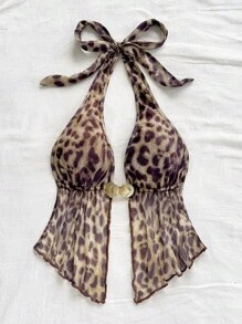 Soleia 休闲动物纹印花女士豹纹露背吊带无袖短款上衣，侧开衩设计，性感豹纹上衣 - 彩色 - 查看 3